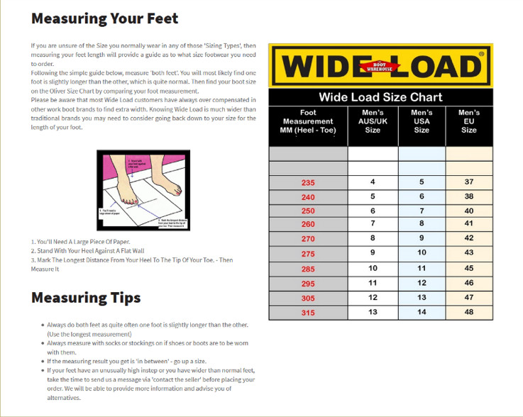 Wide Load work boot size chart and measurement guide